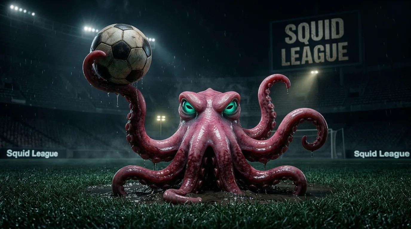 Un pulpo gigante en el centro de un estadio vacío bajo la lluvia, sujetando un balón con un tentáculo